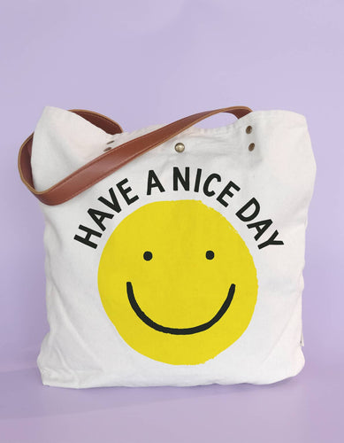 Smiley Canvas Tote Bag with Vegan Leather Handles