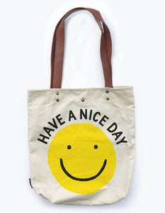 Smiley Canvas Tote Bag with Vegan Leather Handles