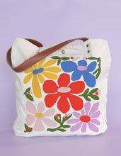 Load image into Gallery viewer, Primary Blooms Canvas Tote Bag with Vegan Leather Handles