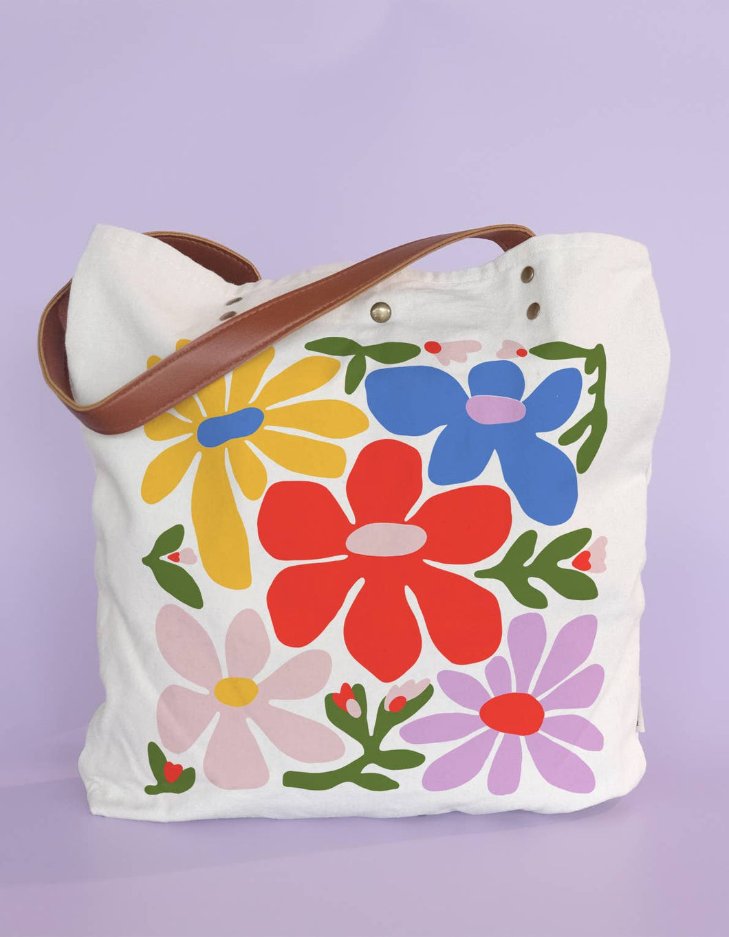Primary Blooms Canvas Tote Bag with Vegan Leather Handles