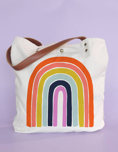 Rainbow Canvas Tote Bag with Vegan Leather Handles