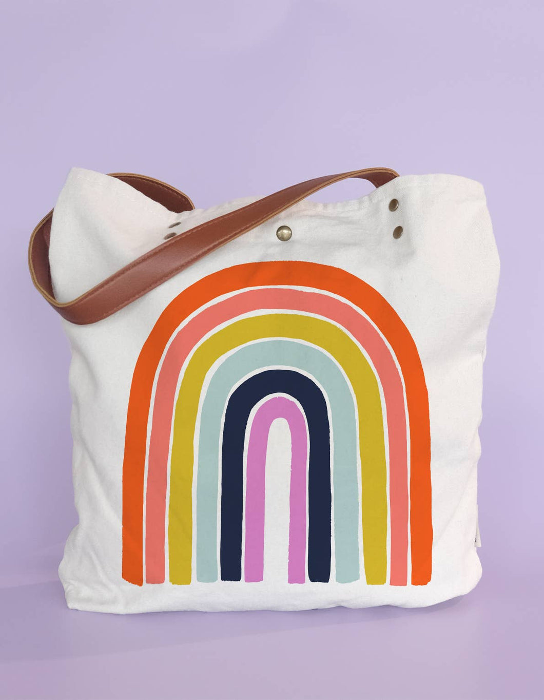 Rainbow Canvas Tote Bag with Vegan Leather Handles